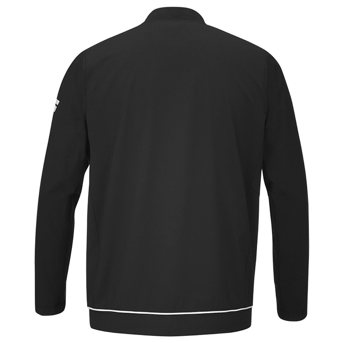 Achterzijde van het zwarte Babolat Play Jacket met witte streep onder aan de rug