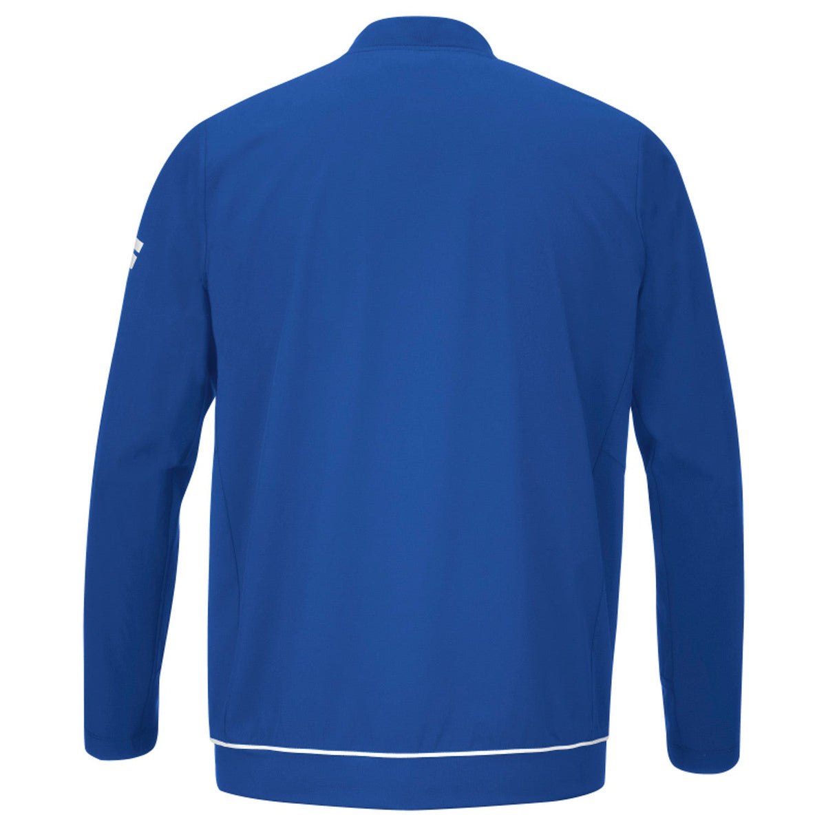 Achterzijde van het blauwe Babolat Play Jacket met witte streep onder aan de rug