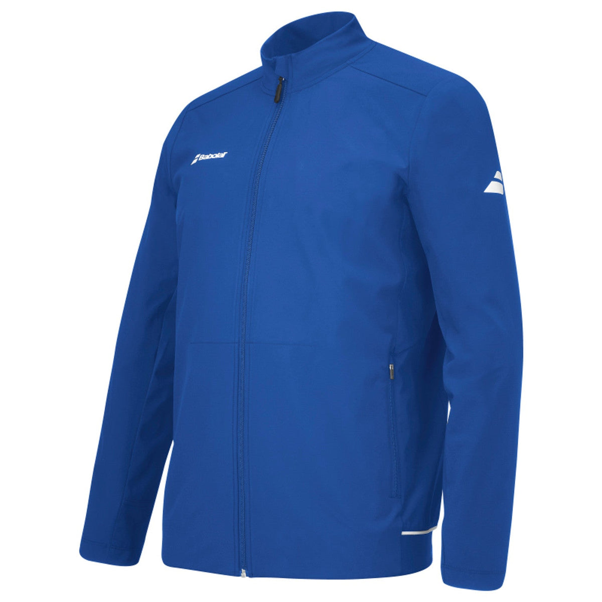 Blauw Babolat Play Jacket van opzij met wit logo op de mouw en ritszakken