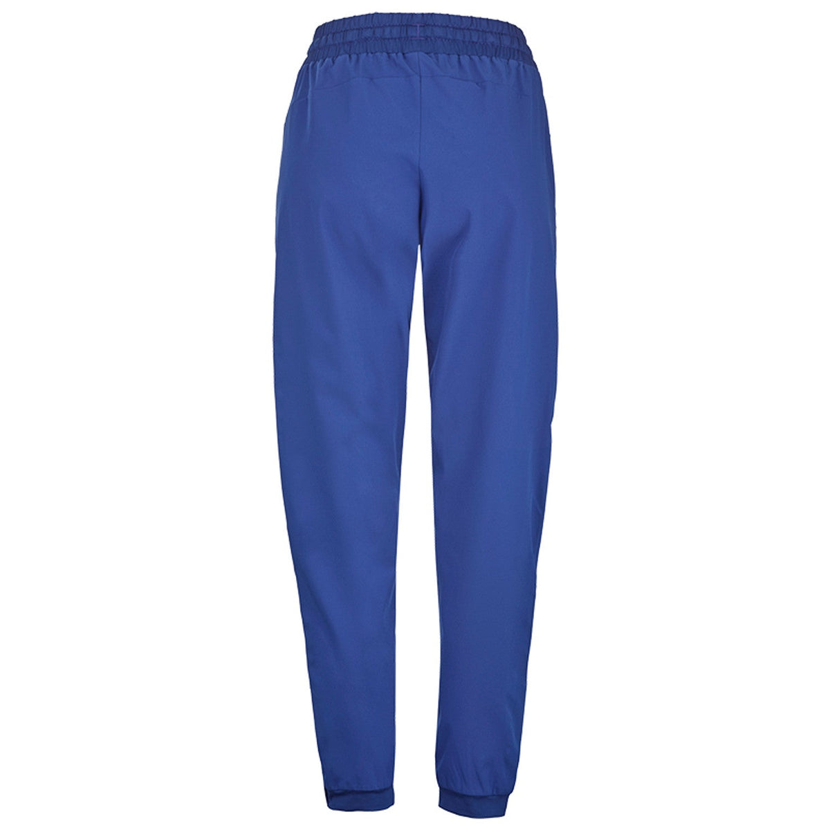 Achterzijde van de blauwe Babolat Play Pant W met effen pijpen en elastische taille