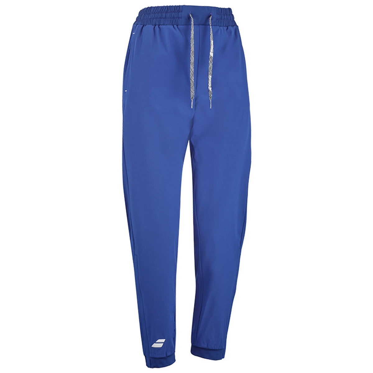 Blauwe Babolat Play Pant W van opzij met zijzak en wit logo onderaan de pijp