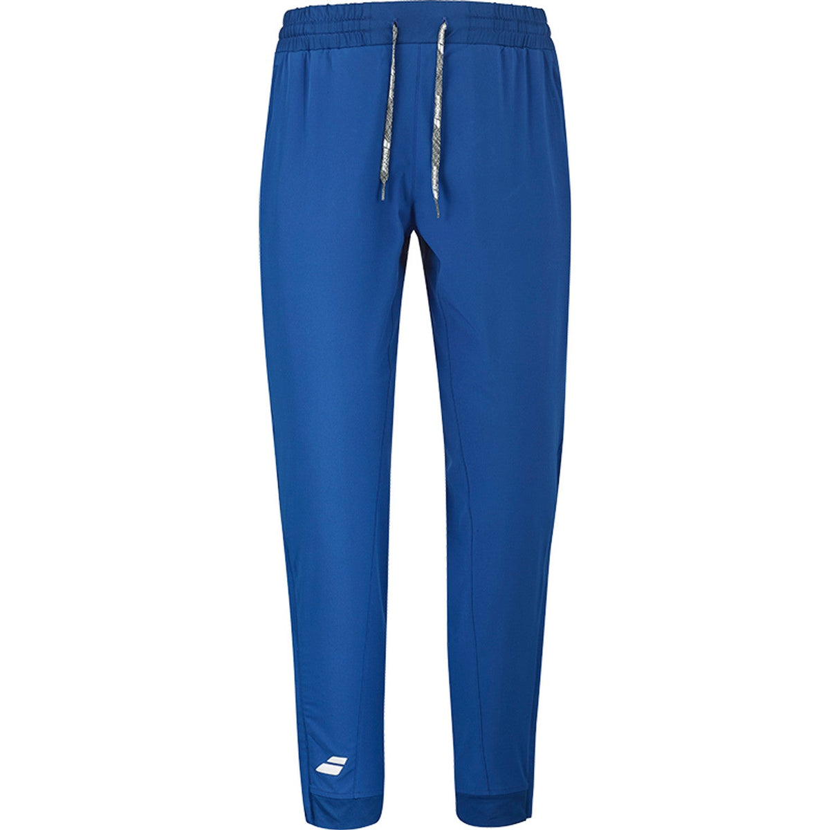 Blauwe Babolat Play Pant met wit trekkoord en wit logo onderaan de linkerpijp