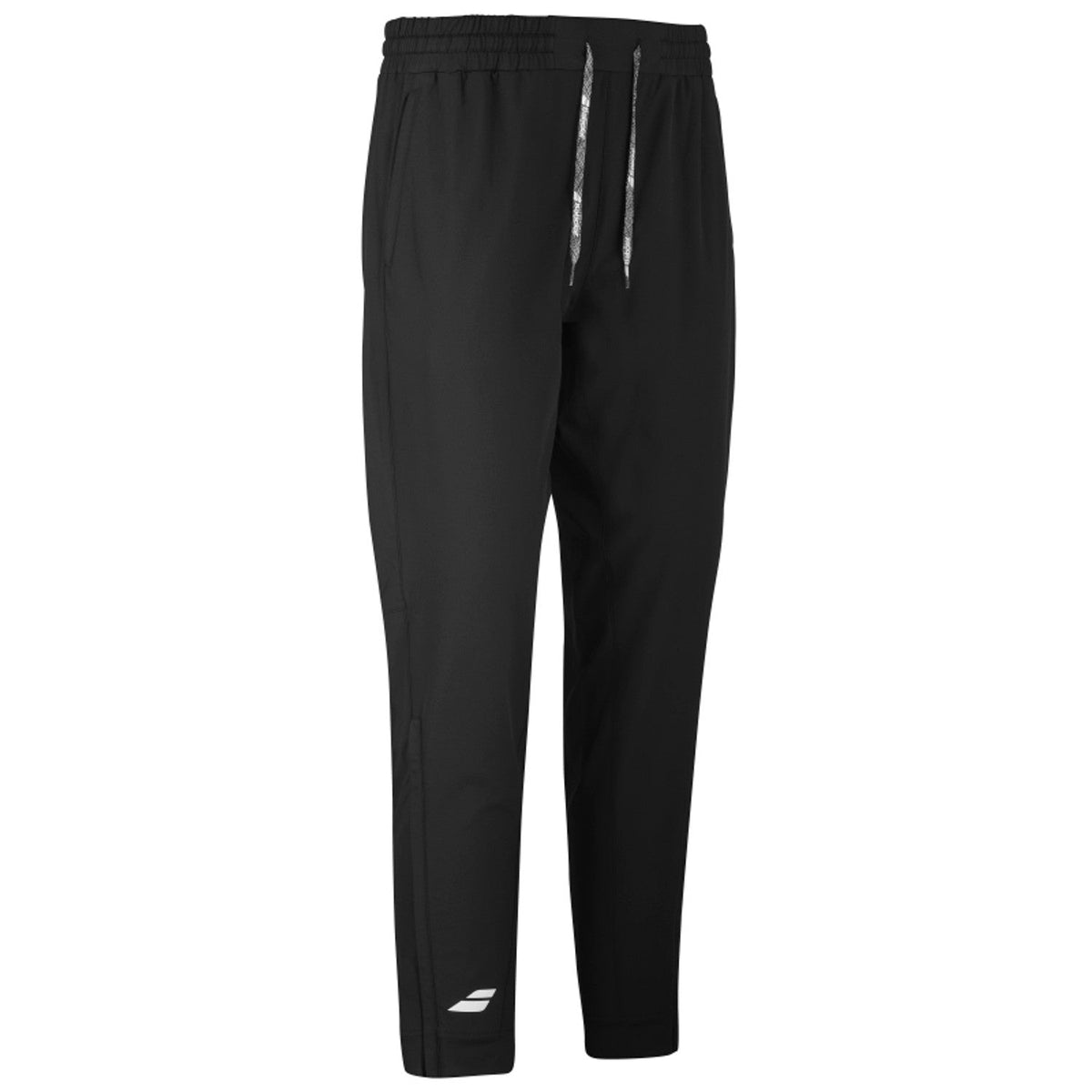 Zwarte Babolat Play Pant van opzij met steekzak en smal toelopende pijpen
