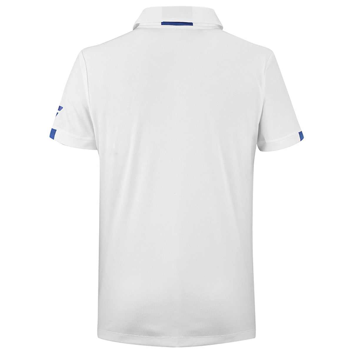 Achterzijde van de witte Babolat Play Polo met blauwe kraagrand en mouwbiezen