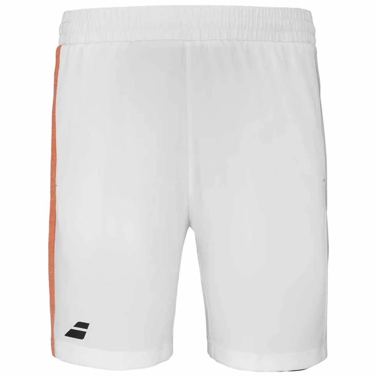 Witte Babolat Play short met oranje streep op de pijp, vooraanzicht