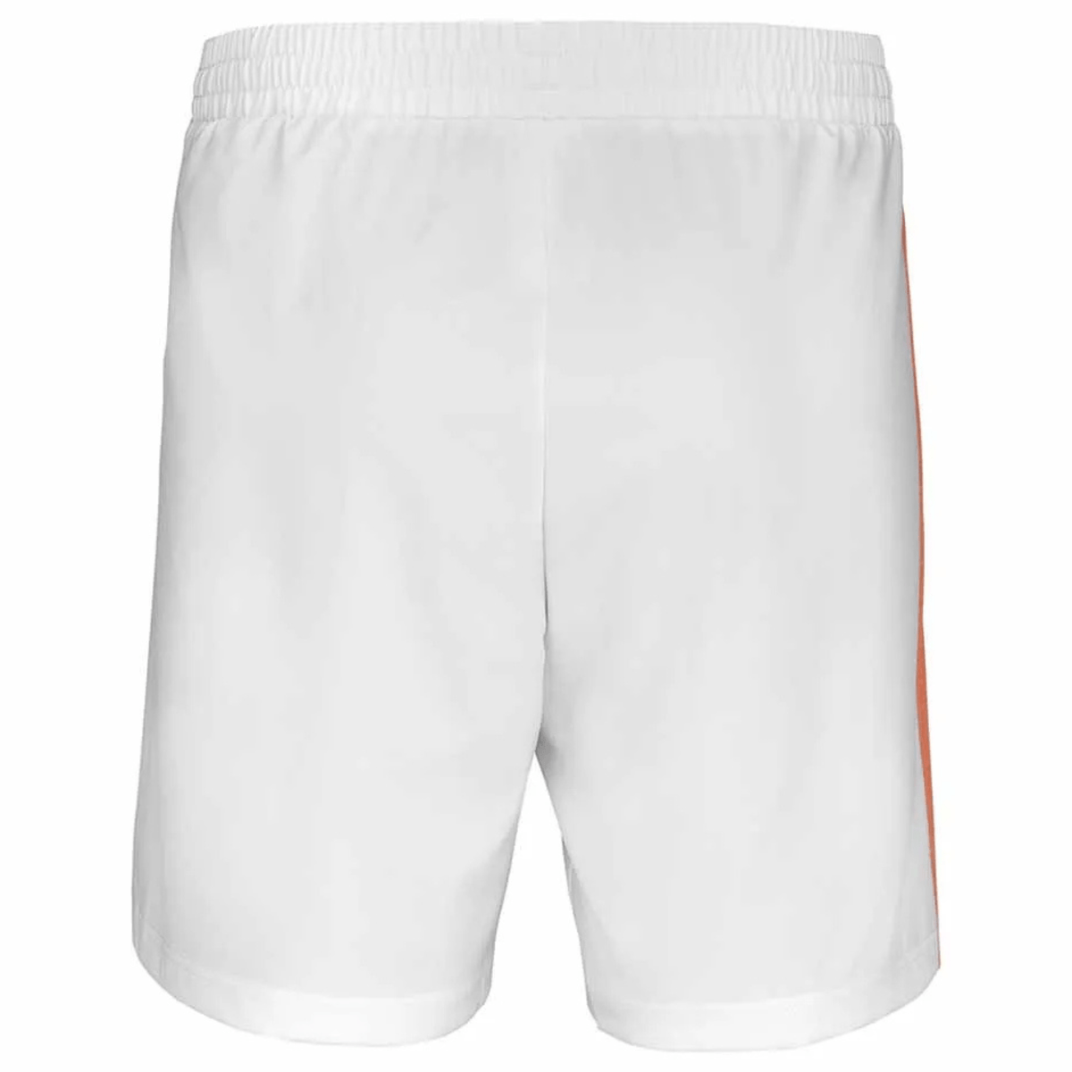 Achterkant van de witte Babolat Play short met oranje streep op de pijp
