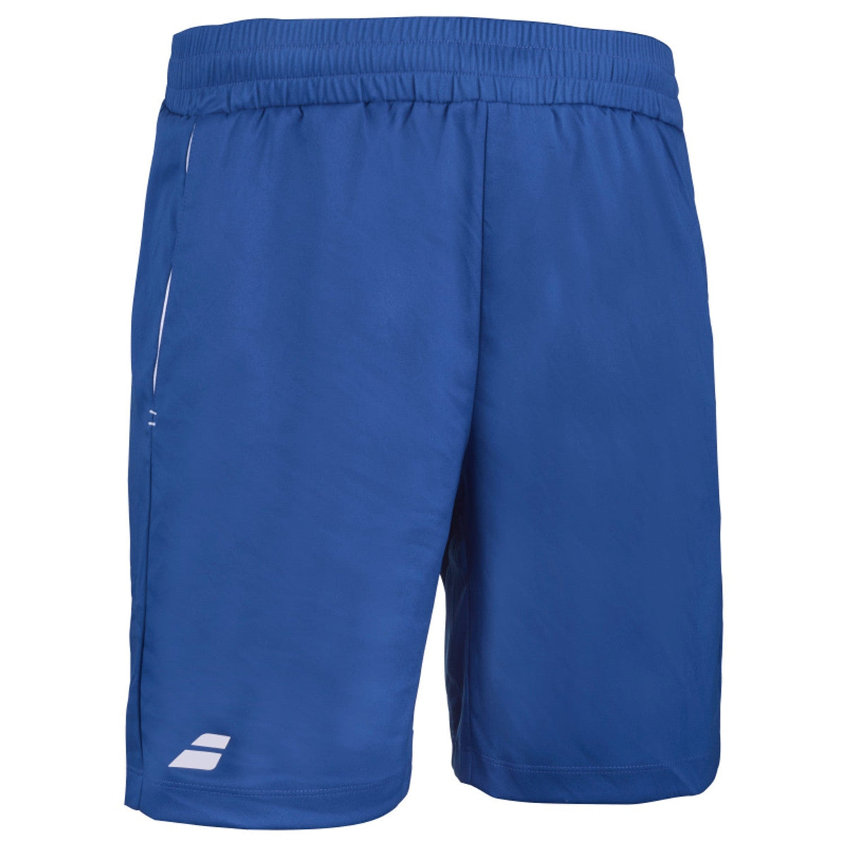 Zijaanzicht van de donkerblauwe Babolat Play short met rits op de zak