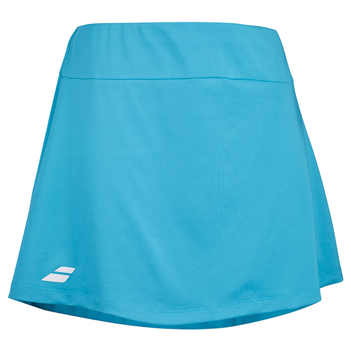Turquoise Babolat Play Skirt schuin van voren met wit Babolat-logo op de zoom