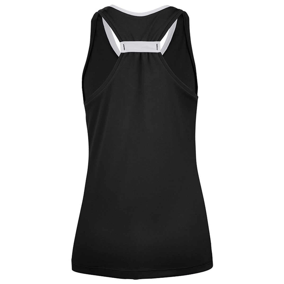 Achterzijde van de zwarte Babolat Play Tank Top W met witte racerback-bandjes