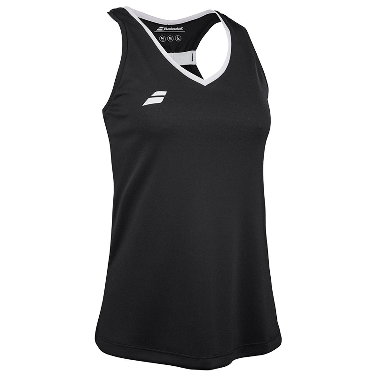 Zwarte Babolat Play Tank Top W schuin van voren met witte halsbies en logo