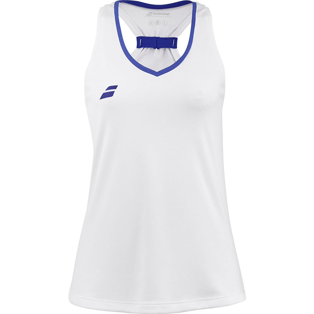 Witte Babolat Play Tank Top voor dames met blauwe V-hals en blauw Babolat-logo