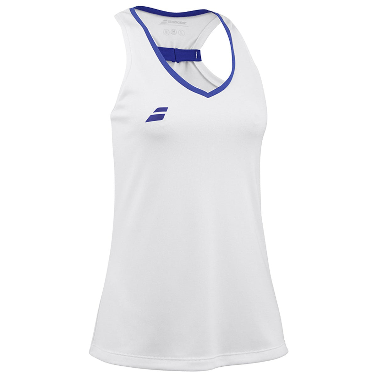Witte Babolat Play Tank Top W schuin van voren met blauwe bies langs de hals