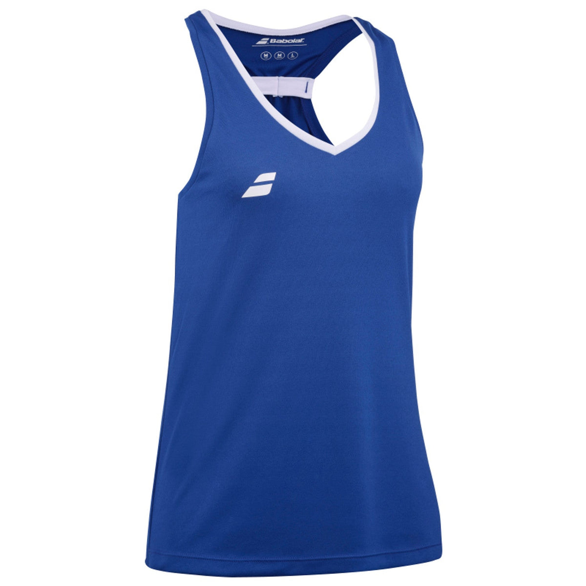 Blauwe Babolat Play Tank Top W schuin van voren met wit logo en smalle bandjes