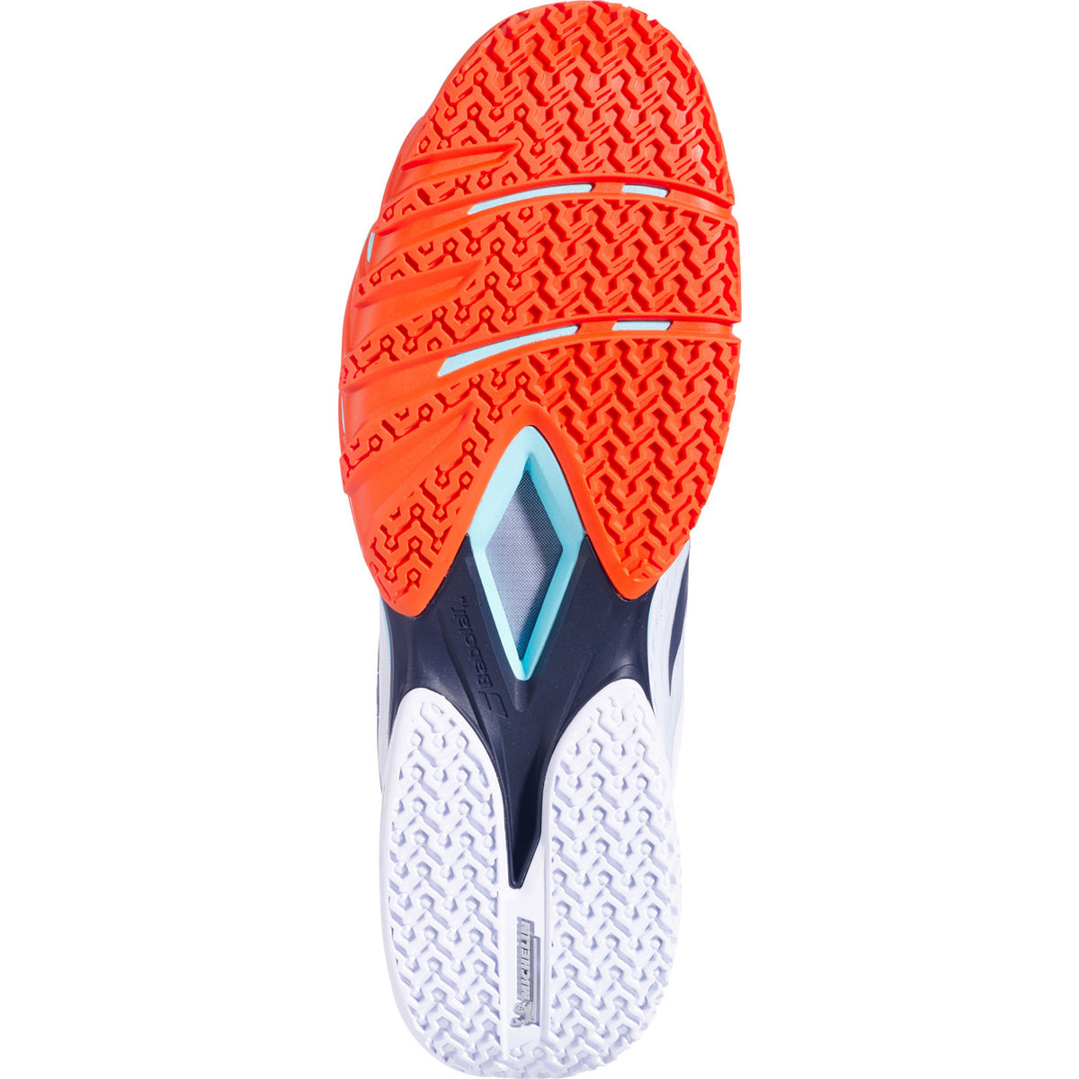 Oranje zool van de Babolat Premura 3 Lebron met turquoise middenstuk