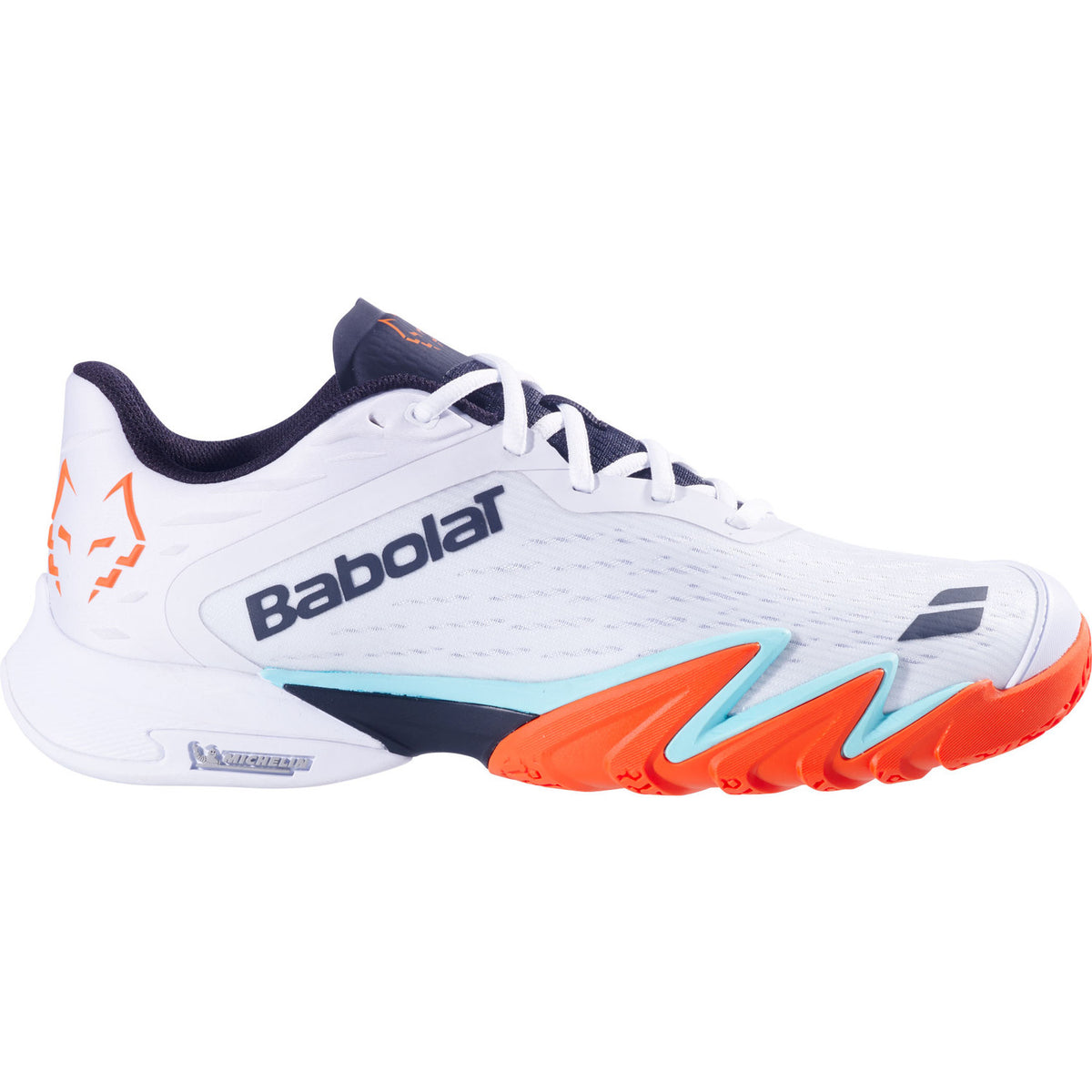 Babolat Premura 3 Lebron in wit met oranje en turquoise, zijaanzicht buitenkant