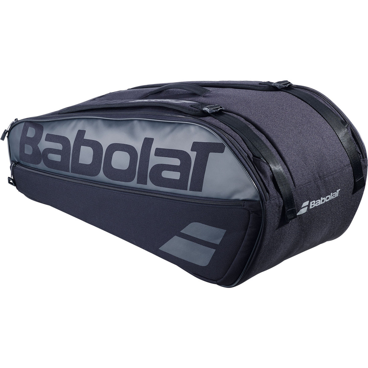Babolat Court L rackettas in zwart met grijs Babolat logo, zijaanzicht