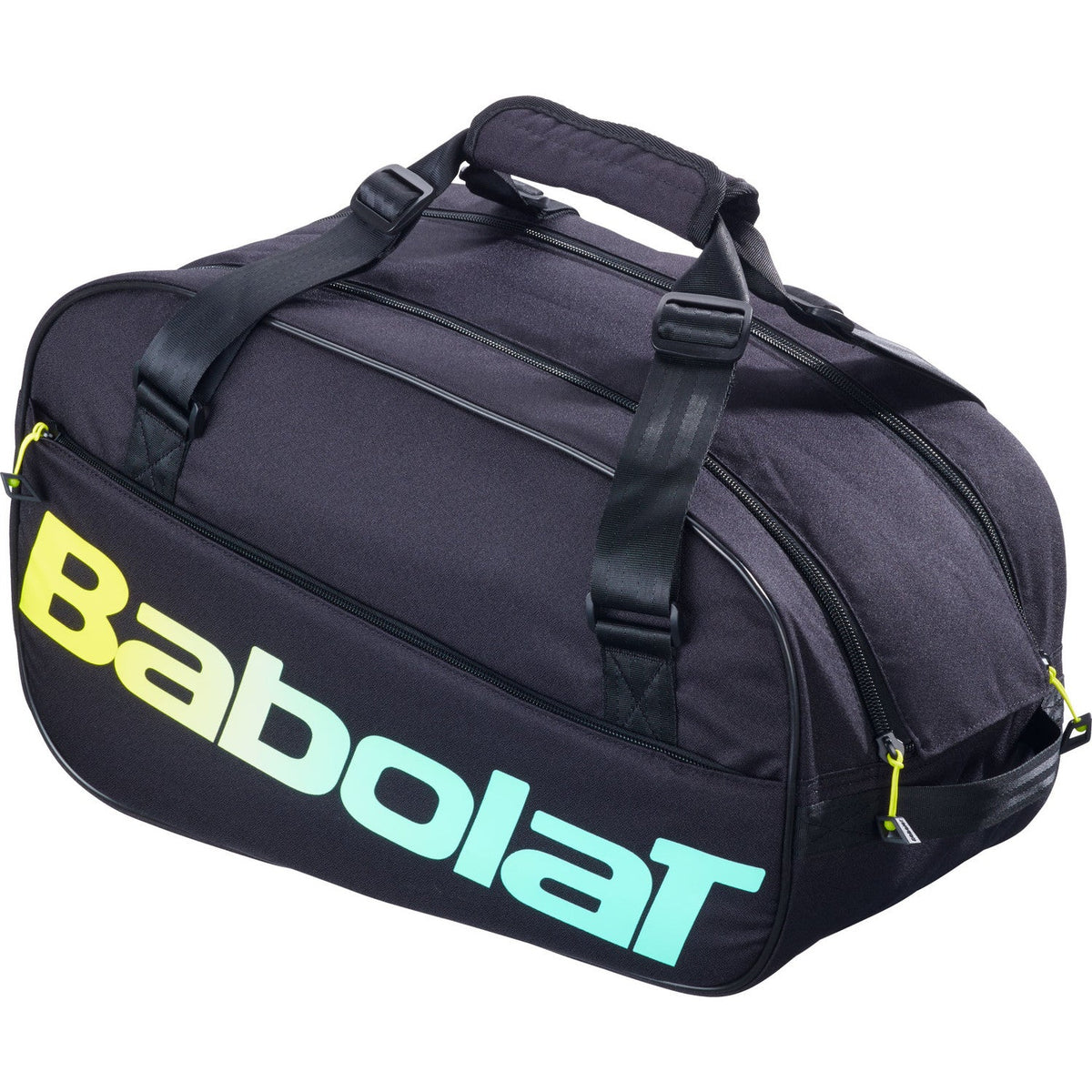 Andere zijde van de zwarte Babolat Court S met geel-mintgroen logo en rits