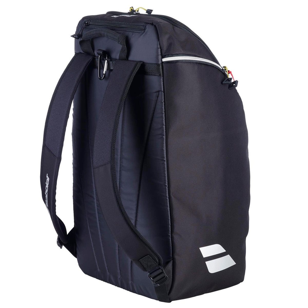 Achterzijde van de zwarte Babolat RH Perf racketbag met gevoerde schouderbanden.