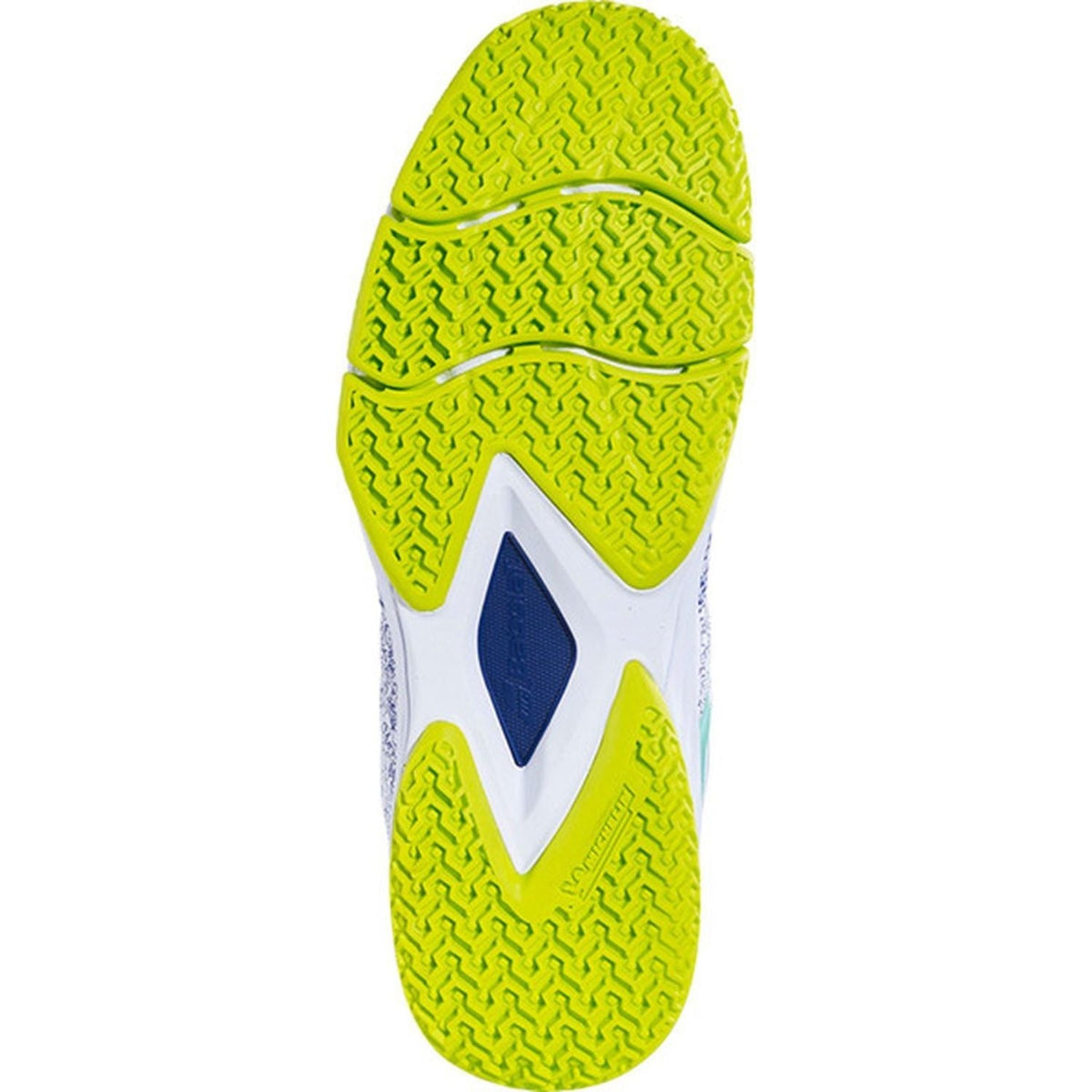 Michelin buitenzool van de Babolat Sensa Women White/Spring Bud met limegroen noppenprofiel voor kunstgras