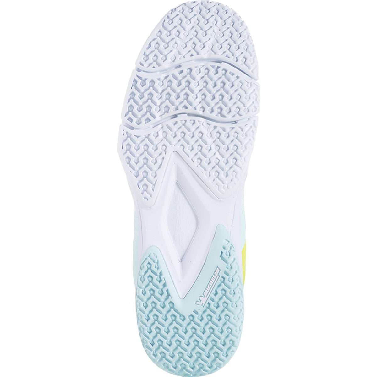 Zool van de Babolat Sensa Women met wit visgraatprofiel en turquoise voorvoet voor kunstgras