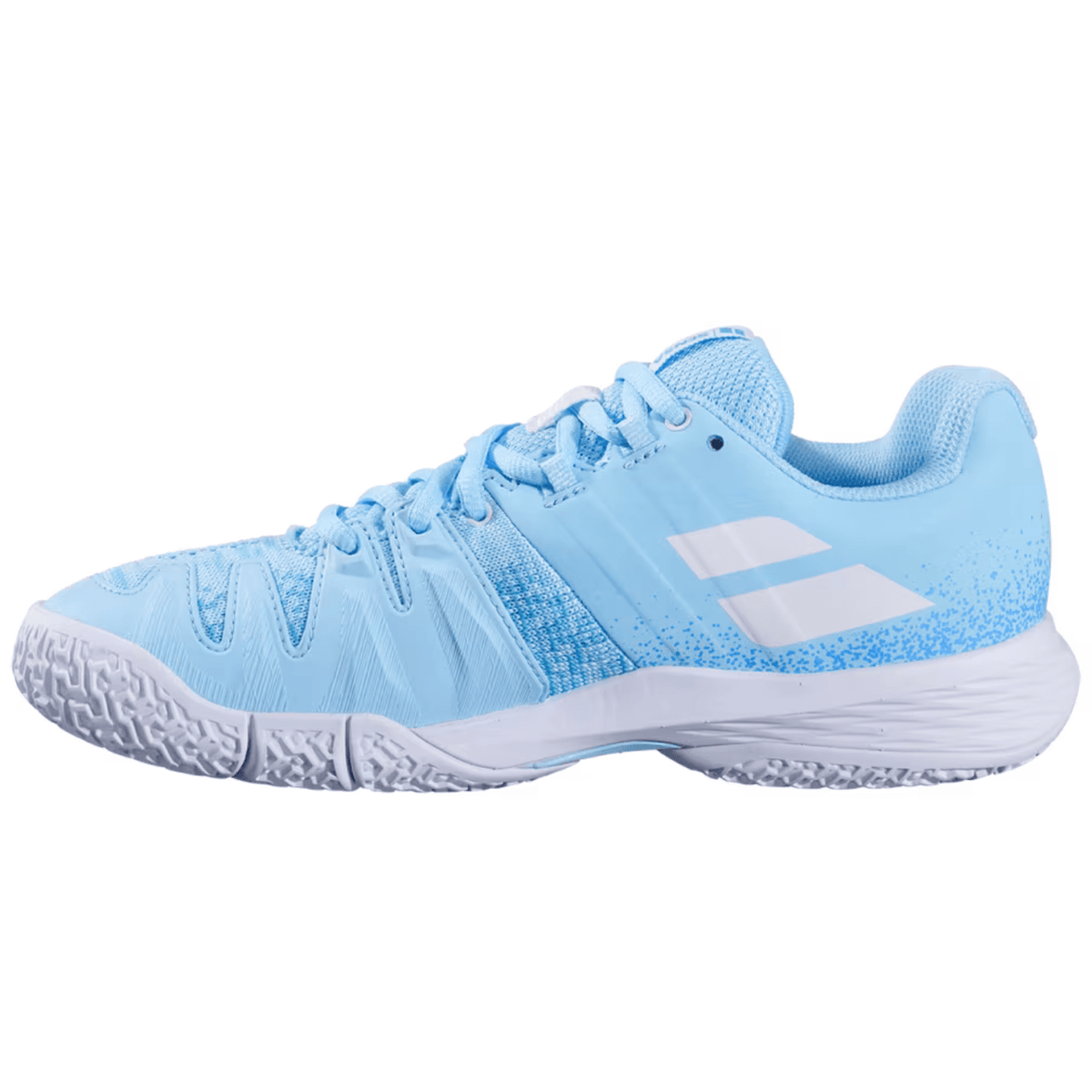 Buitenzijde van de Babolat Sensa Women Sky Blue/Tigerlily met lichtblauwe veters en witte zoolrand