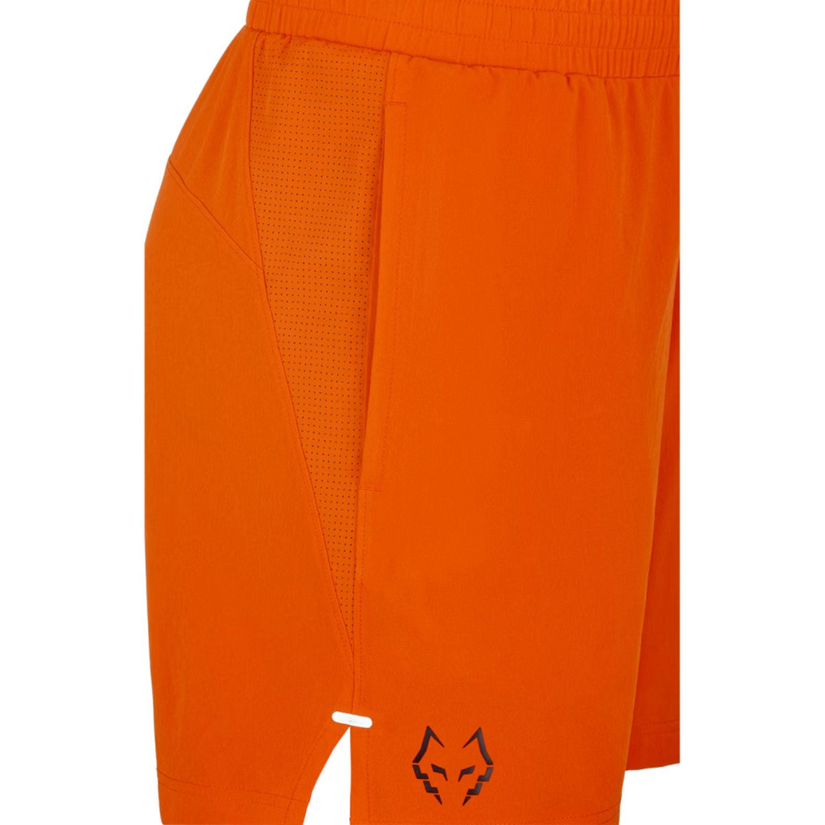 Detail van de zijkant van de oranje Babolat Short Lebron 2026 met stierkop en split