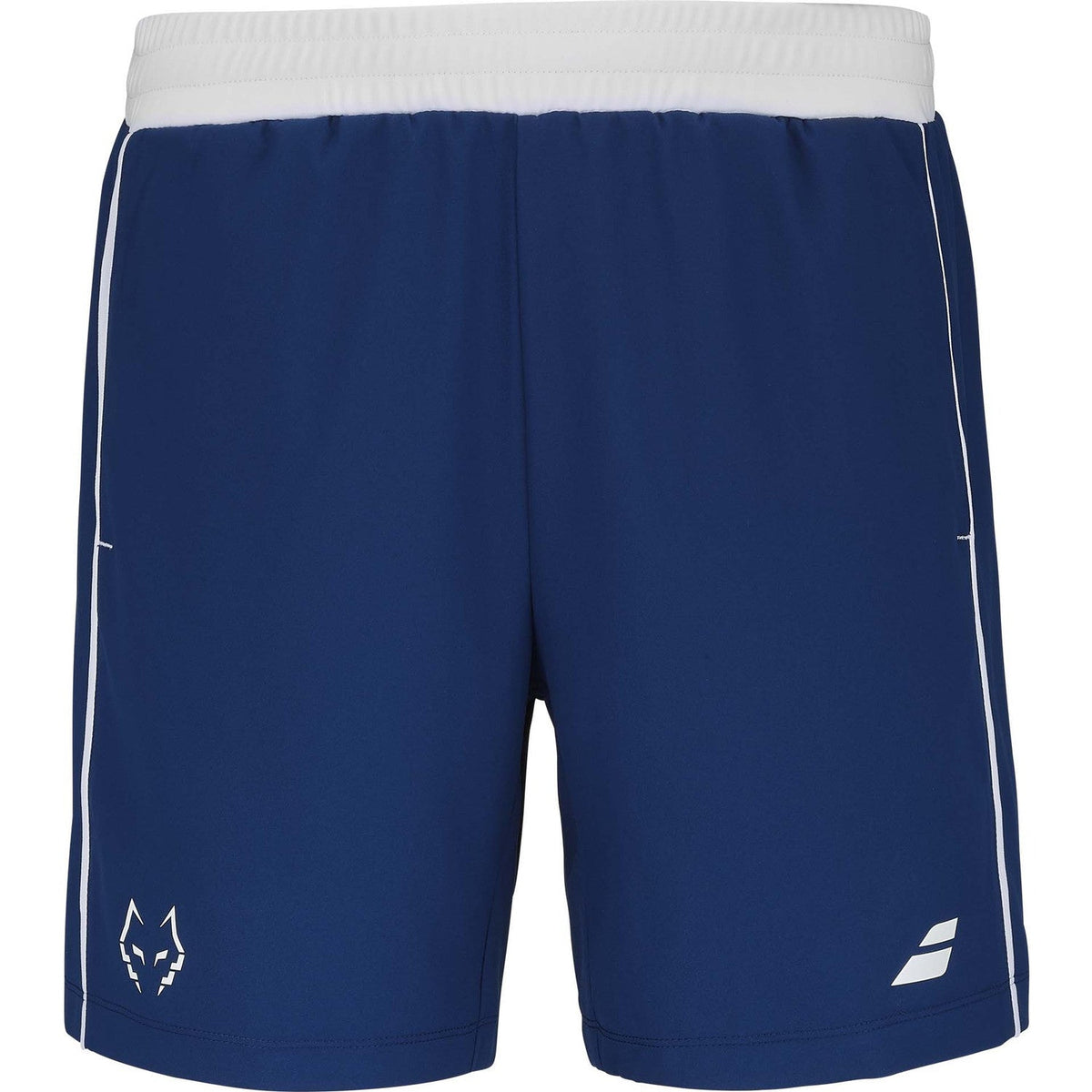 Donkerblauwe Babolat Short Lebron met witte tailleband en stierkop op de pijp
