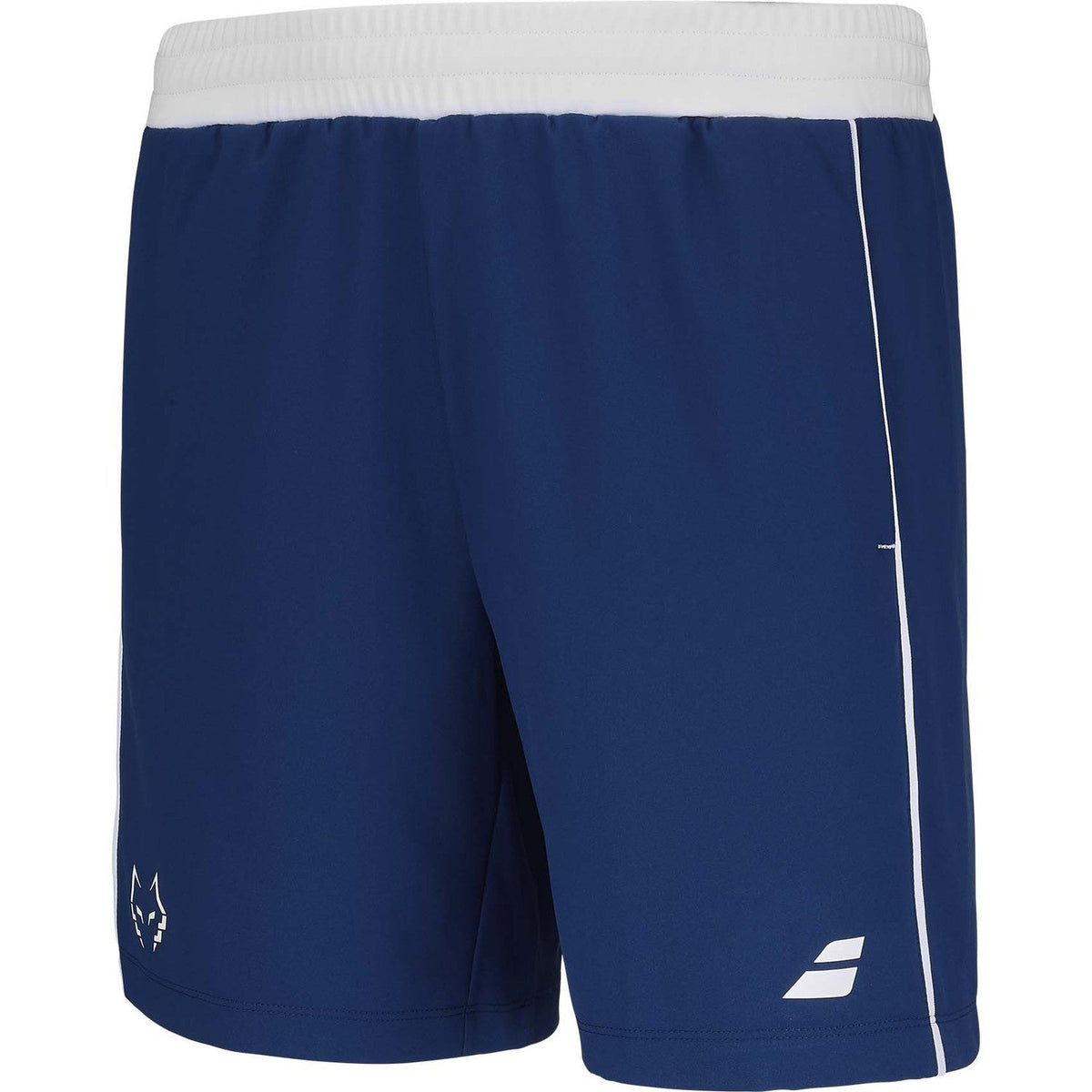 Donkerblauwe Babolat Short Lebron van opzij met witte zijstreep en Babolat-logo