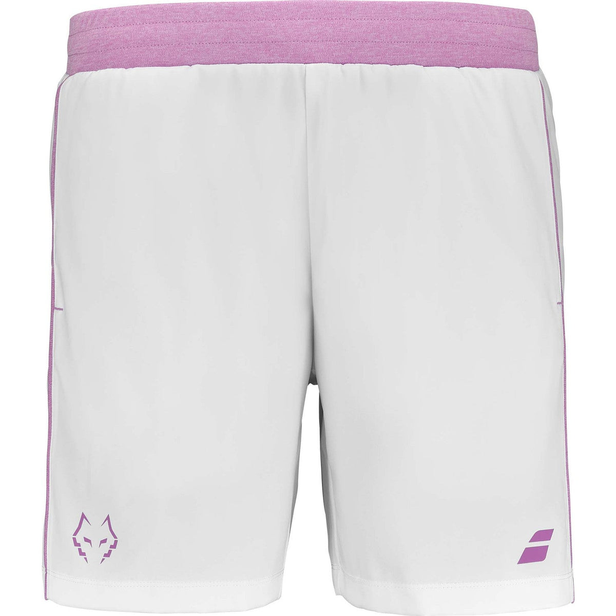 Witte Babolat Short Lebron met lila tailleband en paarse stierkop op de pijp