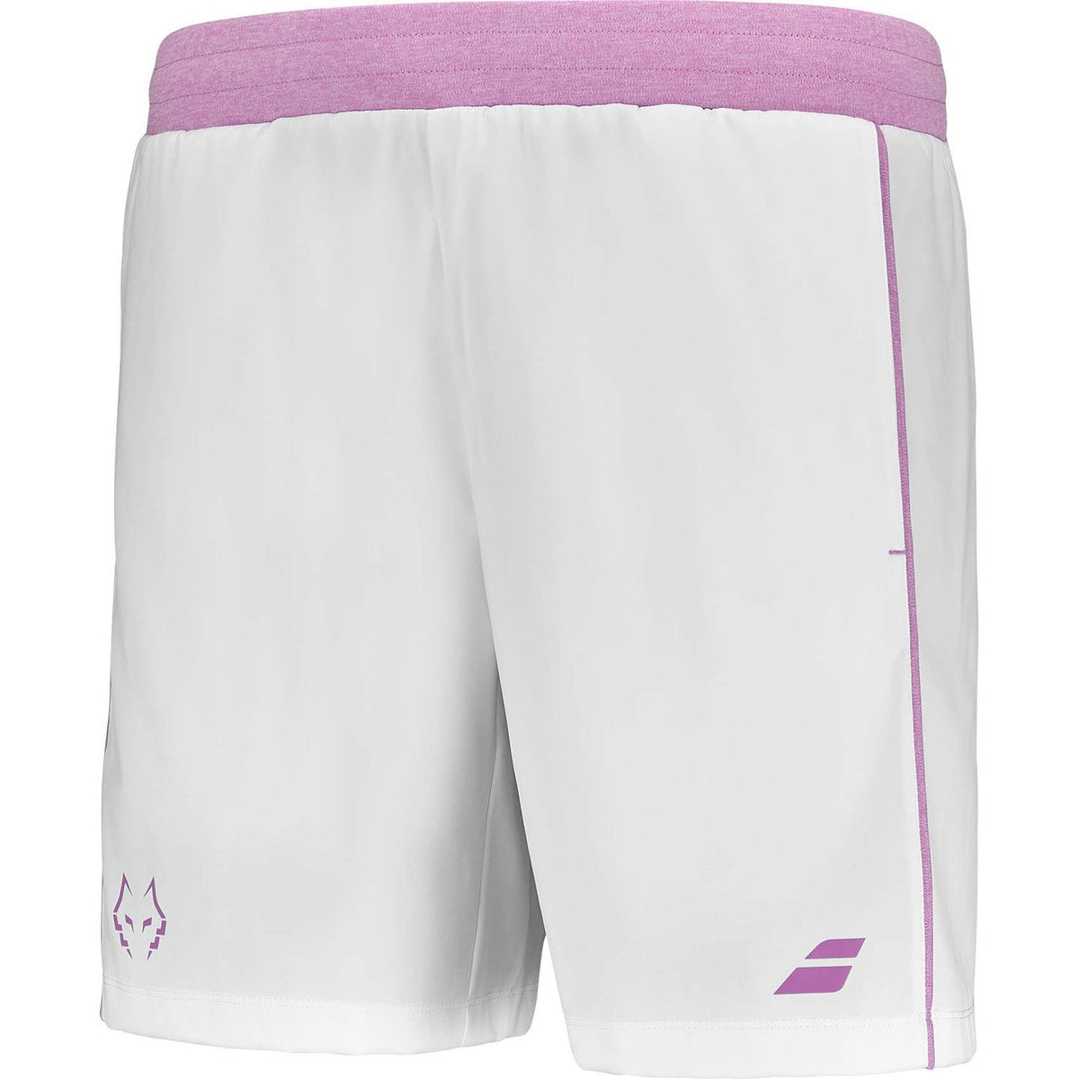 Witte Babolat Short Lebron van opzij met paarse zijstreep en Babolat-logo