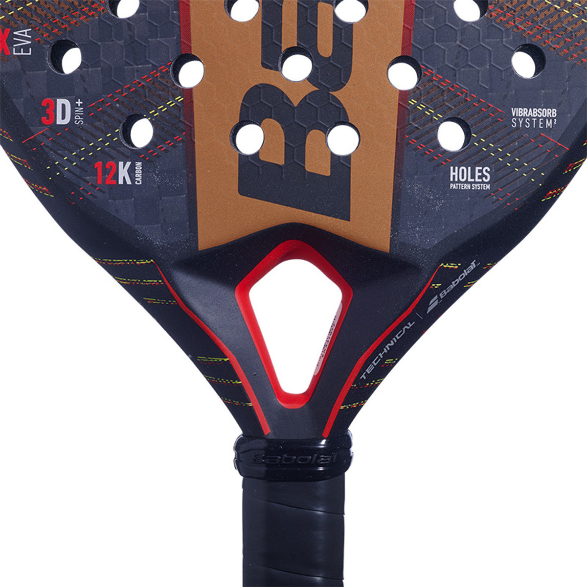Detail van het hart van het Babolat Technical Viper 2024 met rode afwerking
