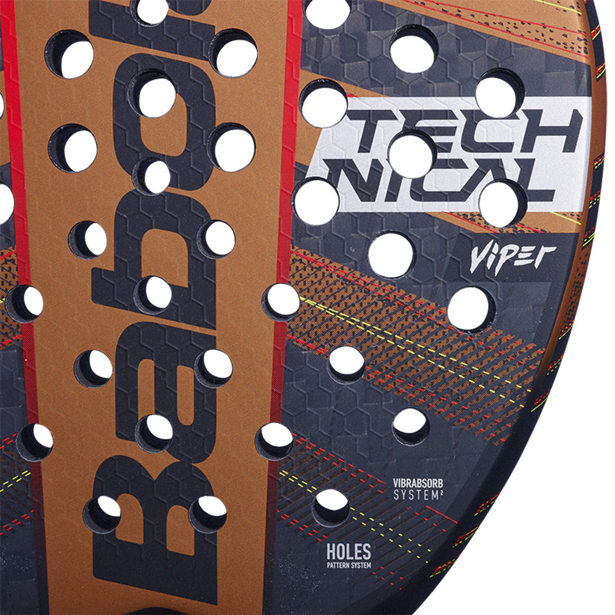 Close-up van het slagvlak van het Babolat Technical Viper 2024 met Technical Viper-opdruk