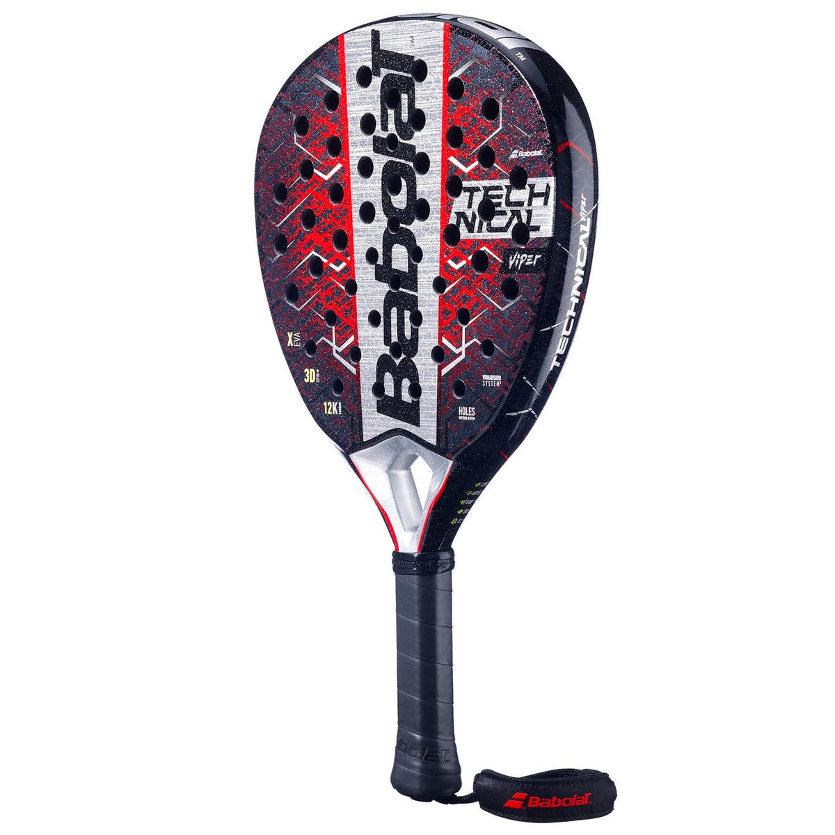 Babolat Technical Viper 25 padelracket schuin vooraanzicht, diamantvorm in zwart en rood