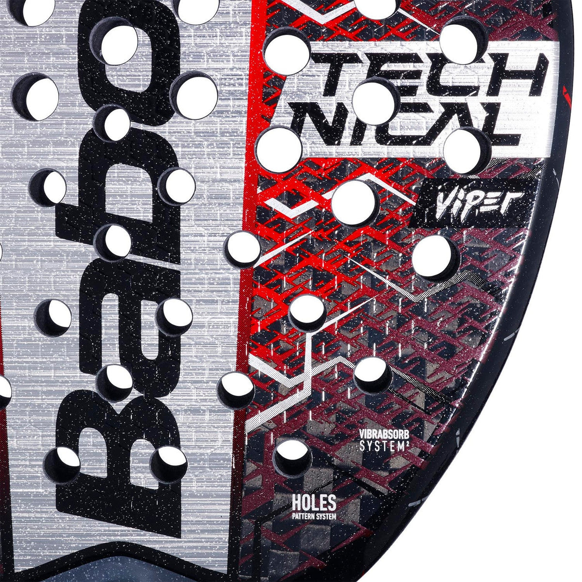 Close-up van het slagvlak van het Babolat Technical Viper 25 met zilveren Babolat-logo