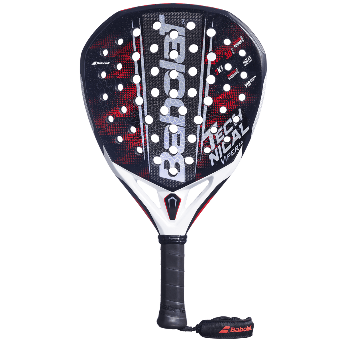 Babolat Technical Viper 3.0 padelracket in zwart met rode stippen en witte hiel, vooraanzicht