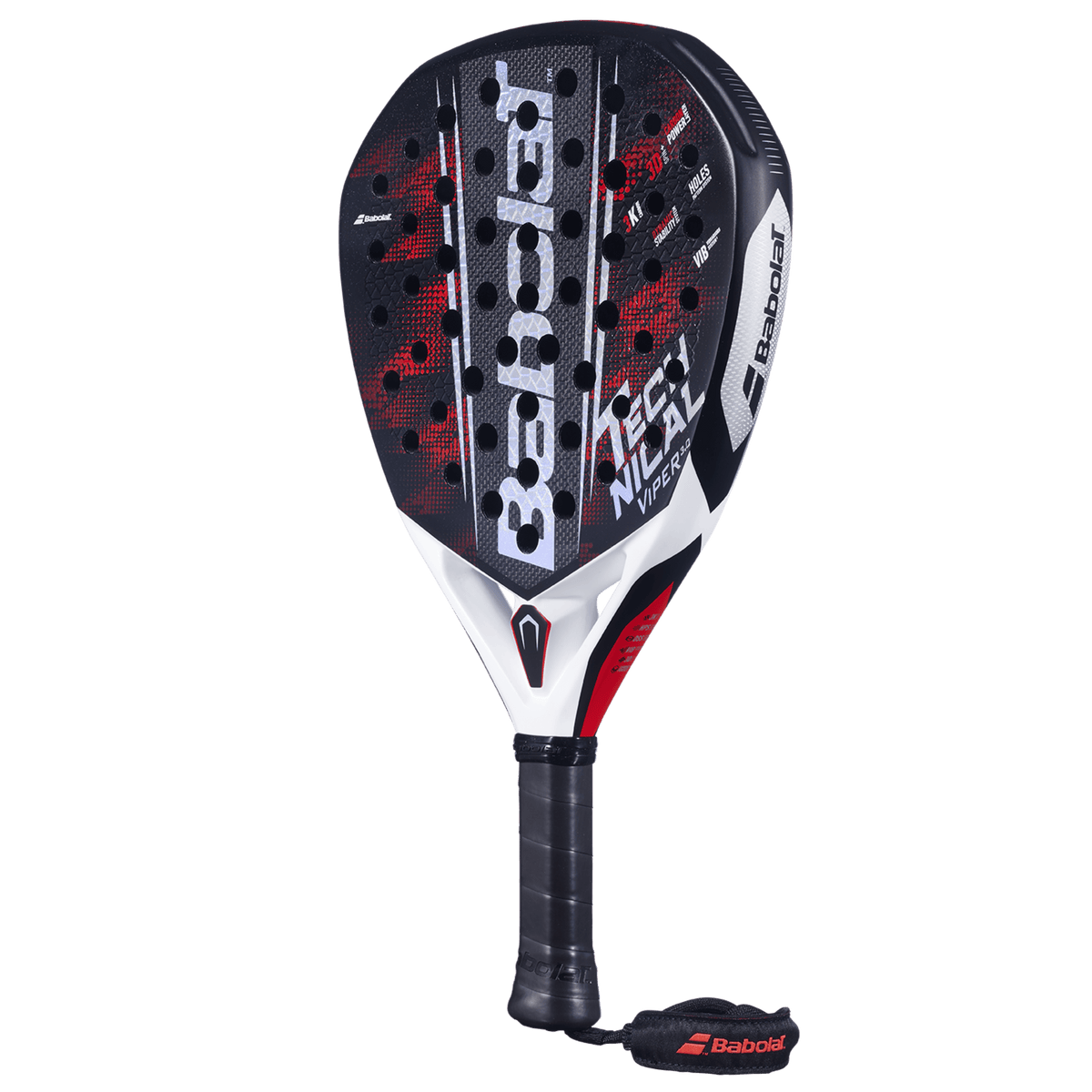 Babolat Technical Viper 3.0 padelracket schuin vooraanzicht, diamantvorm in zwart en rood