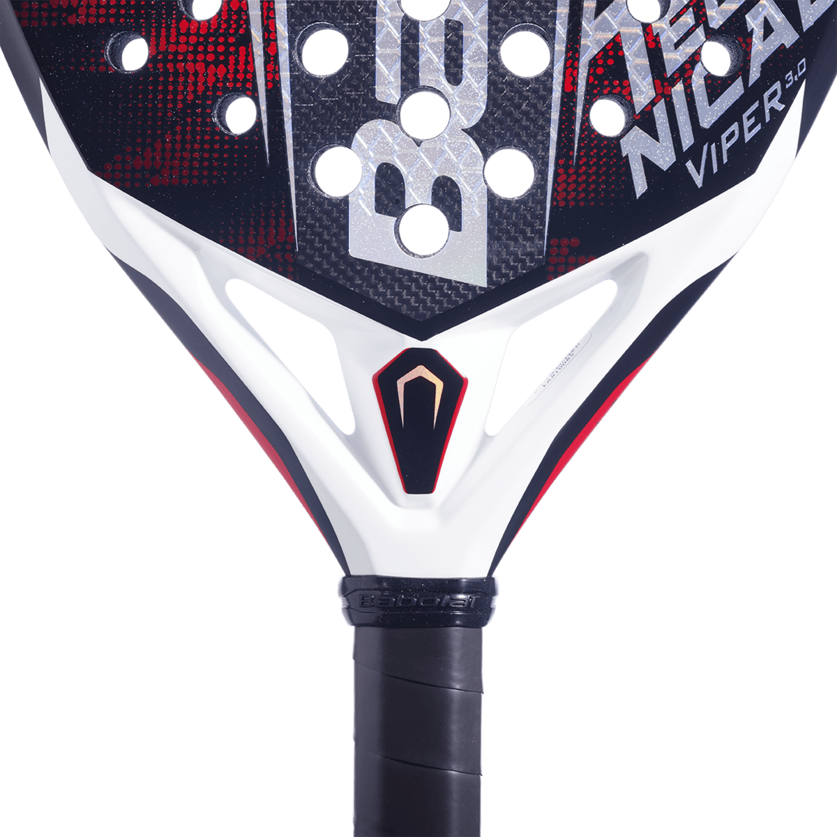 Detail van het hart van het Babolat Technical Viper 3.0 met witte brug en rode accenten