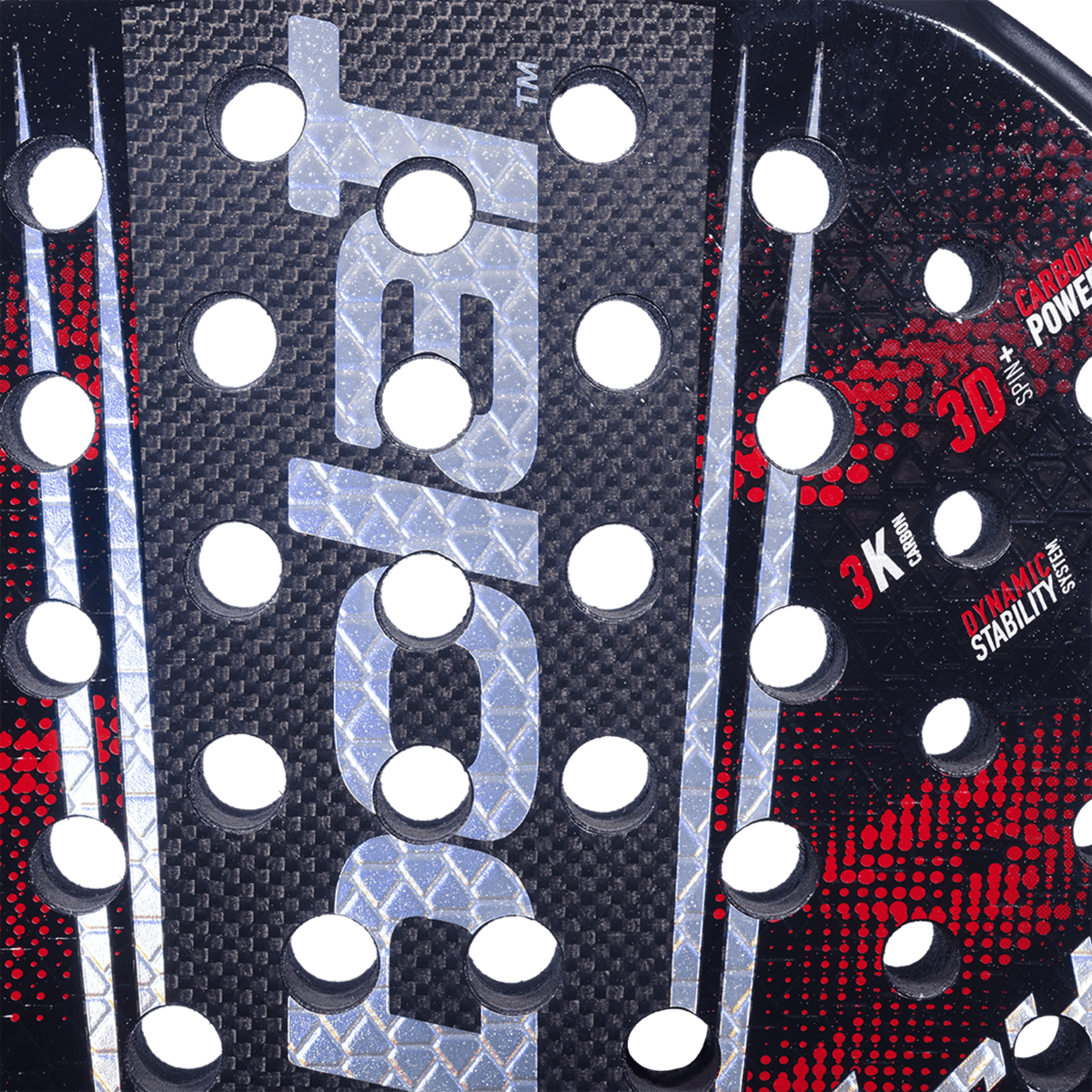 Close-up van het slagvlak van het Babolat Technical Viper 3.0 met grijs carbonpatroon