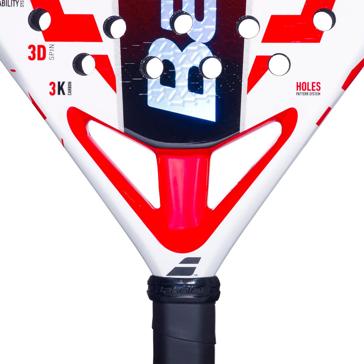 Detail of the centre of the Babolat Technical Viper Lebron 25 with a red bridge in a white frame