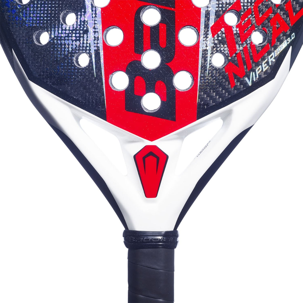 Dettaglio del cuore della Babolat Technical Viper Soft 3.0 con ponte bianco e cuore rosso