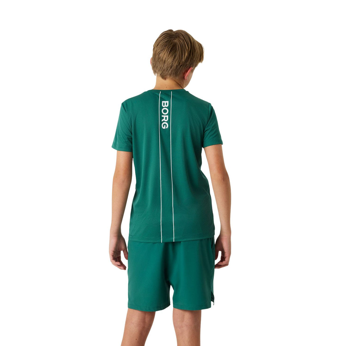 Achterzijde van het groene Bjorn Borg Ace Light T-shirt met verticale BORG-opdruk op de rug