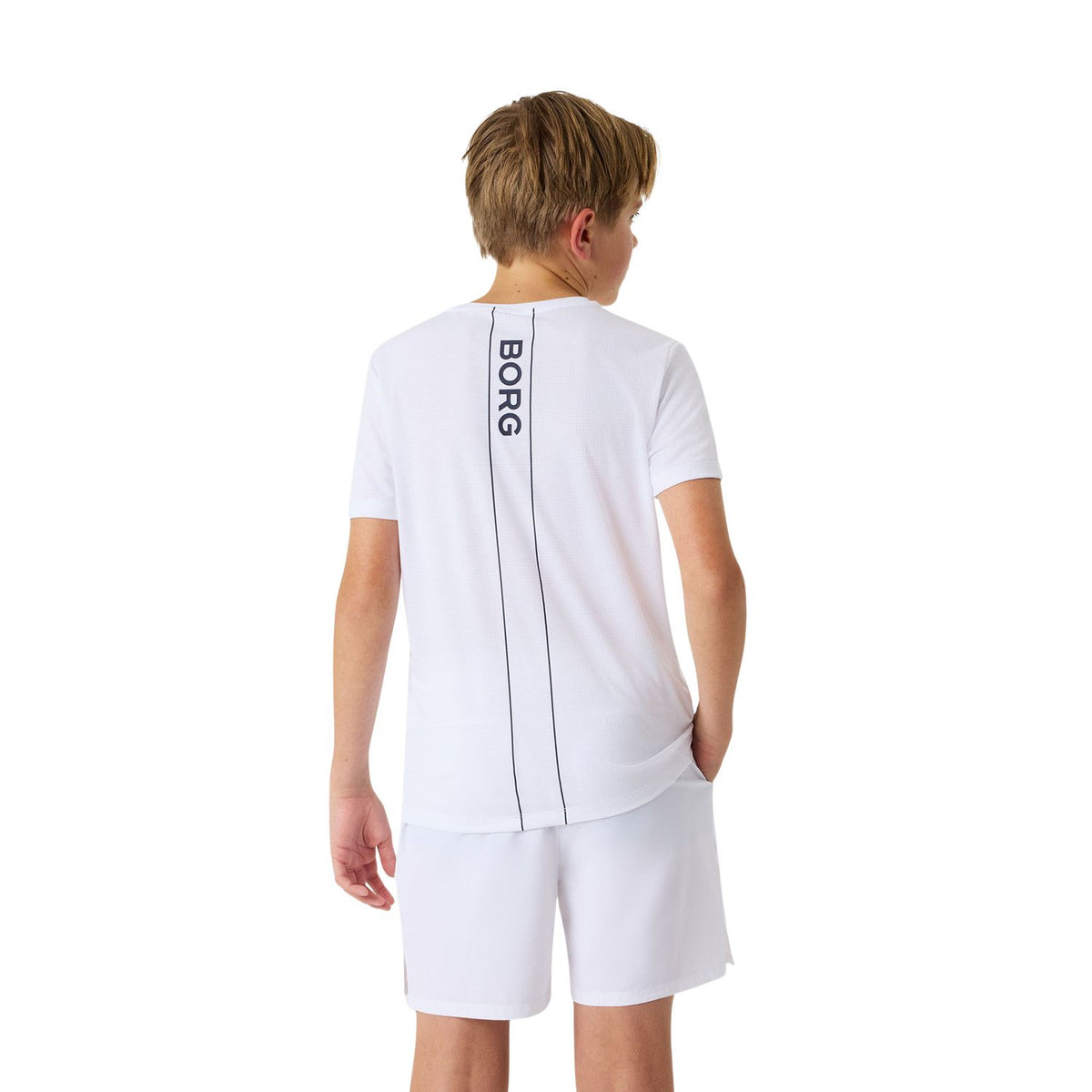 Achterzijde van het witte Bjorn Borg Ace Light T-shirt met BORG-print langs de rugnaad