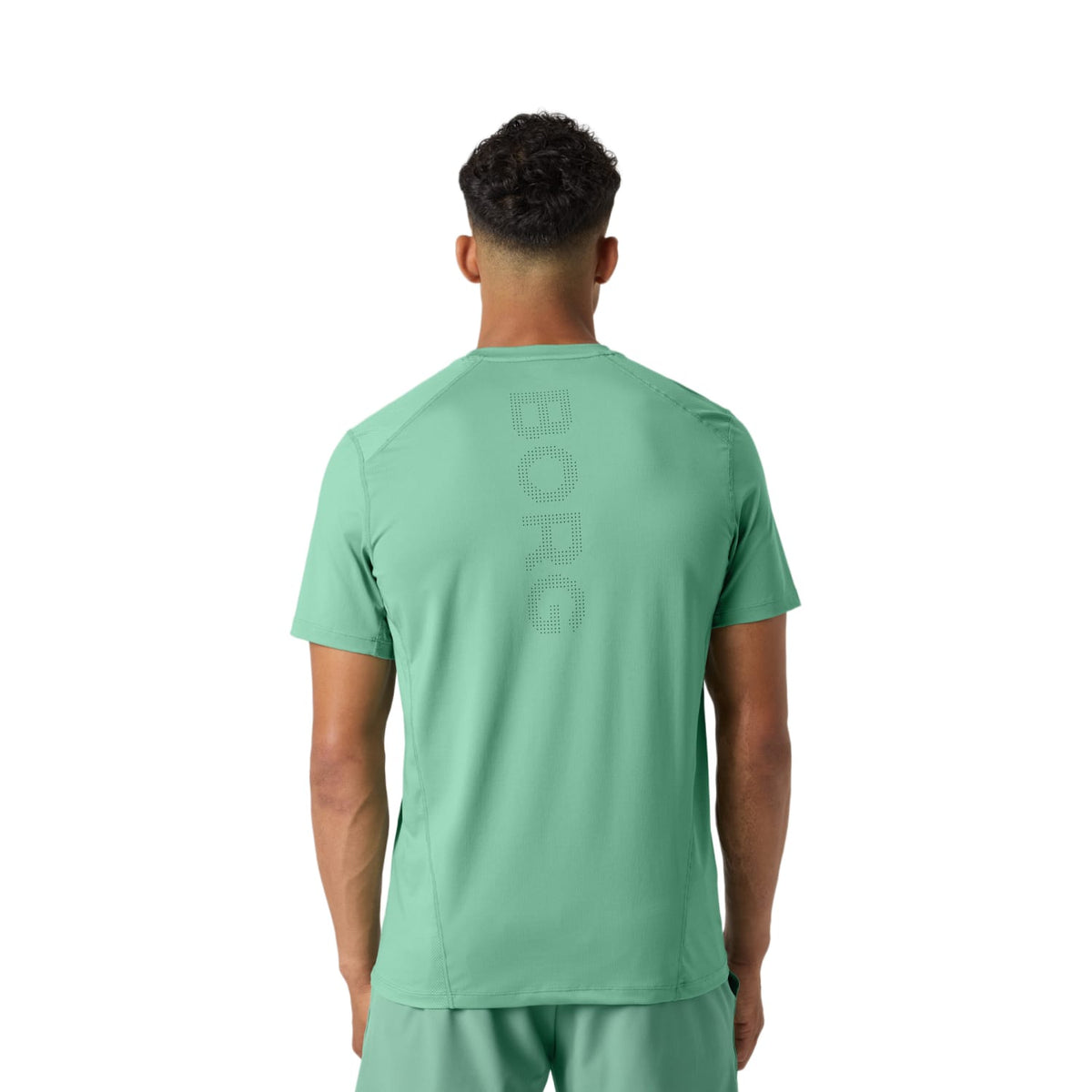 Achterzijde van het groene Bjorn Borg Ace Mesh Panel T-shirt met Borg-print