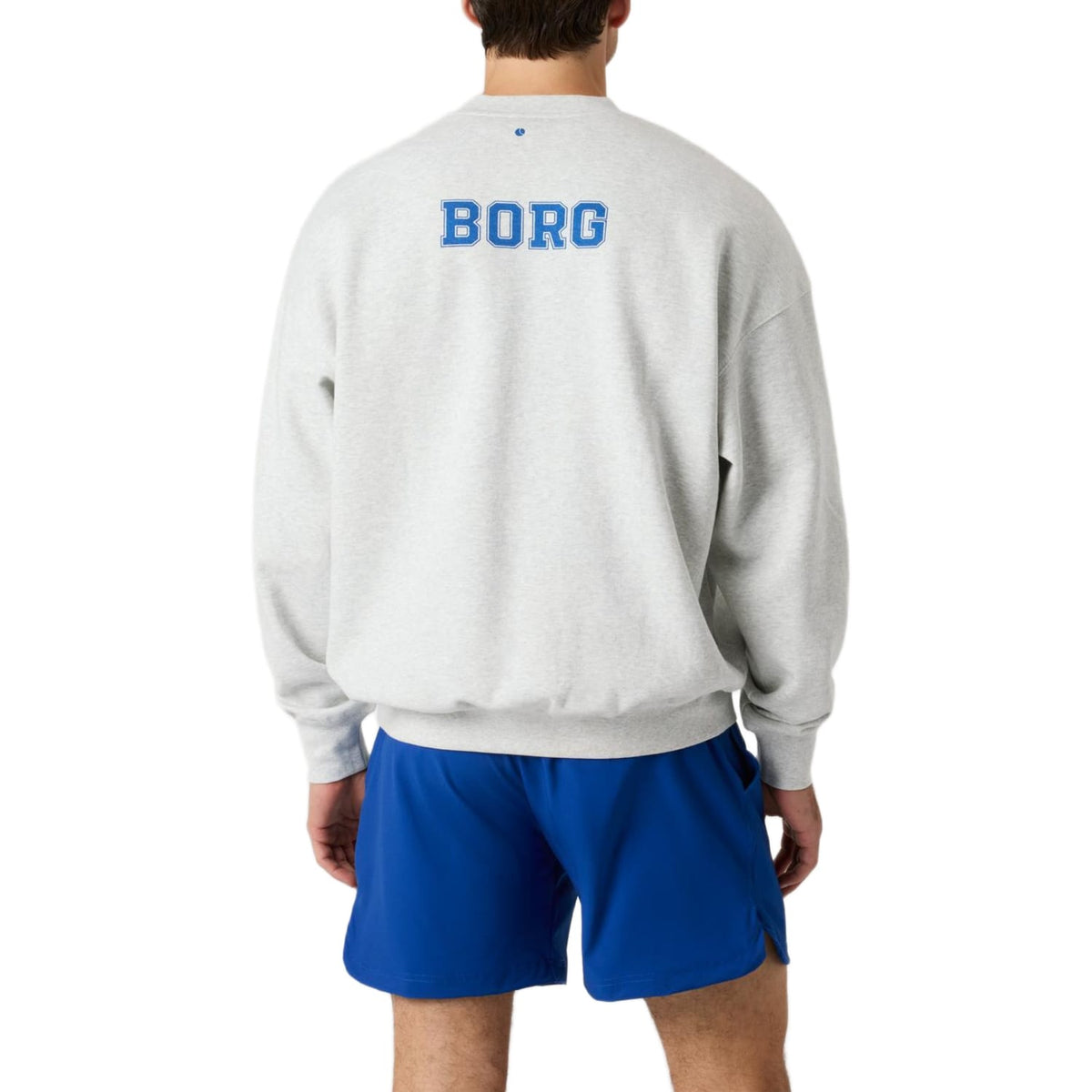 Achterzijde van het lichtgrijze Bjorn Borg Ace sweatshirt met blauwe BORG-opdruk
