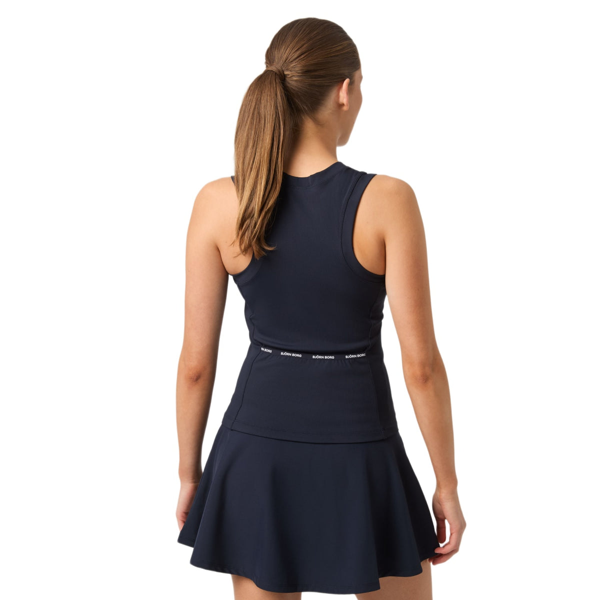 Achterzijde van de donkerblauwe Bjorn Borg Ace tanktop met Borg-tailleband