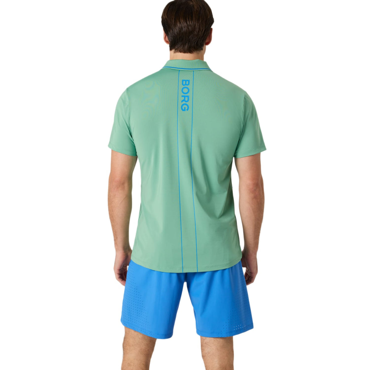 Achterzijde van de mintgroene Bjorn Borg Ace polo met BORG-print