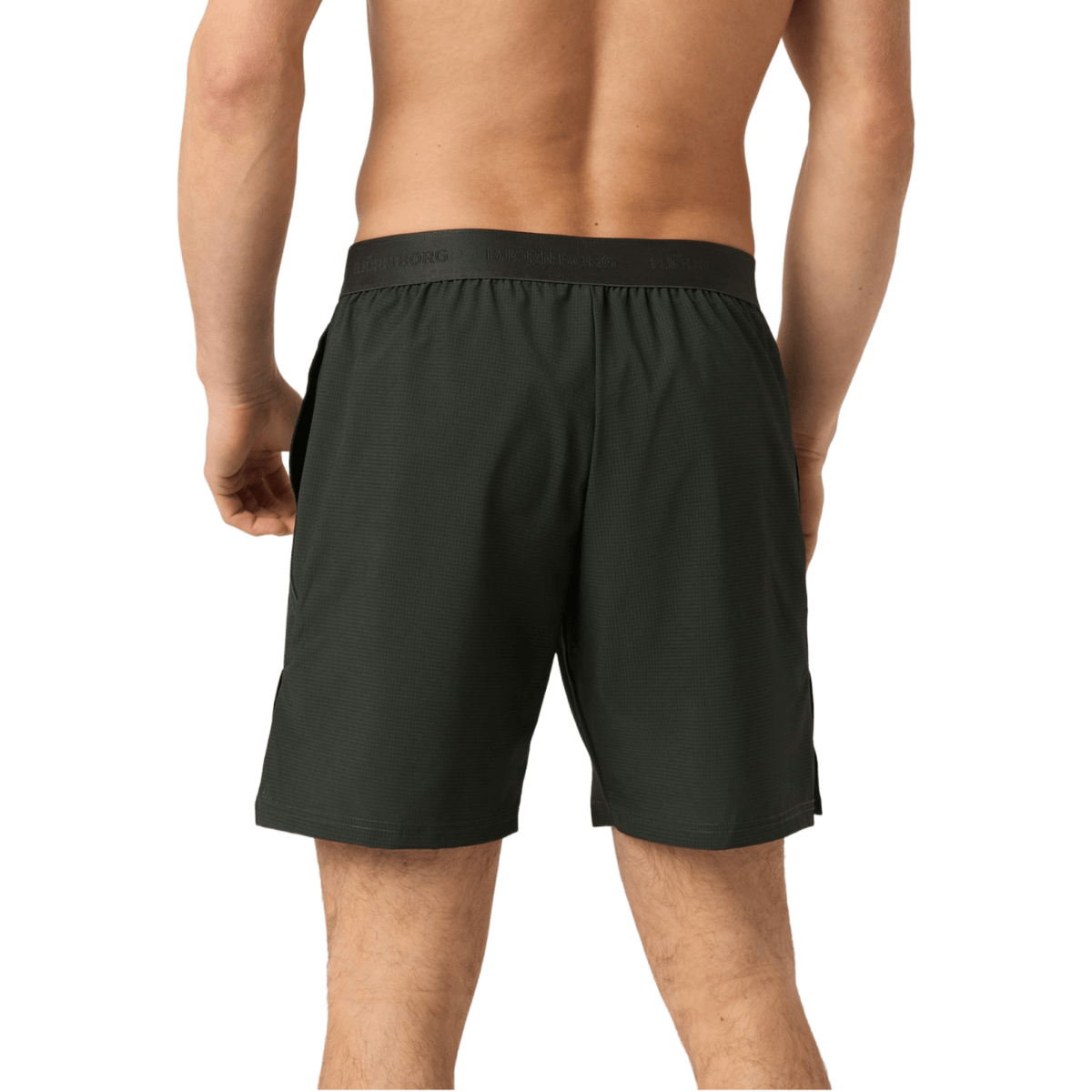 Achteraanzicht van de donkergroene Bjorn Borg Ace Pro short met elastische taille