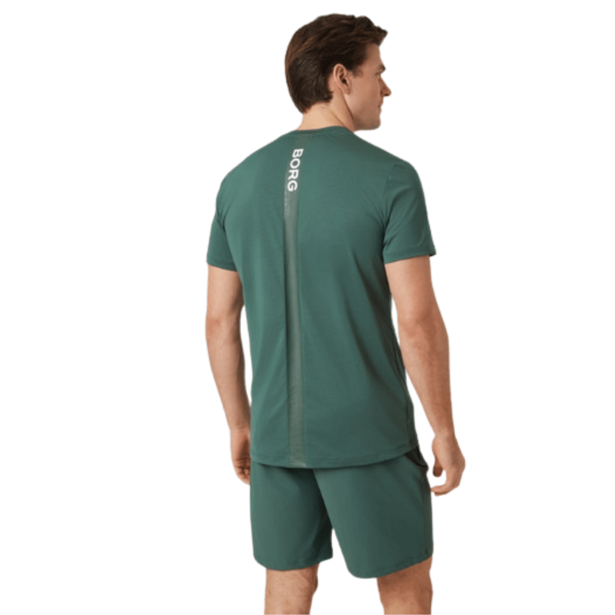 Achterzijde van het donkergroene Bjorn Borg Ace T-shirt met verticale BORG-opdruk