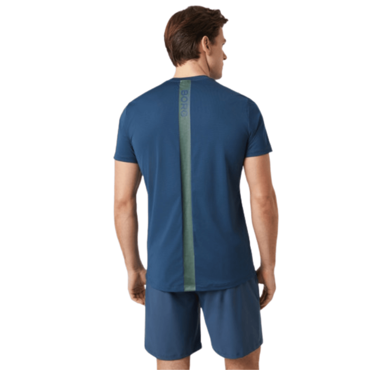 Achterzijde van het donkerblauwe Bjorn Borg Ace T-shirt met groene baan over de rug