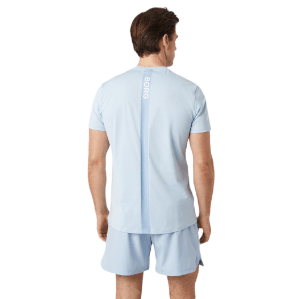 Achterzijde van het lichtblauwe Bjorn Borg Ace T-shirt met klein logo hoog op de rug